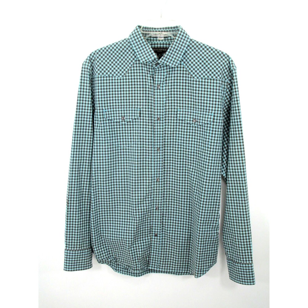 Banana Republic Mens Slim Fit Pearl Snap Western Shirt Teal Green Gingham M